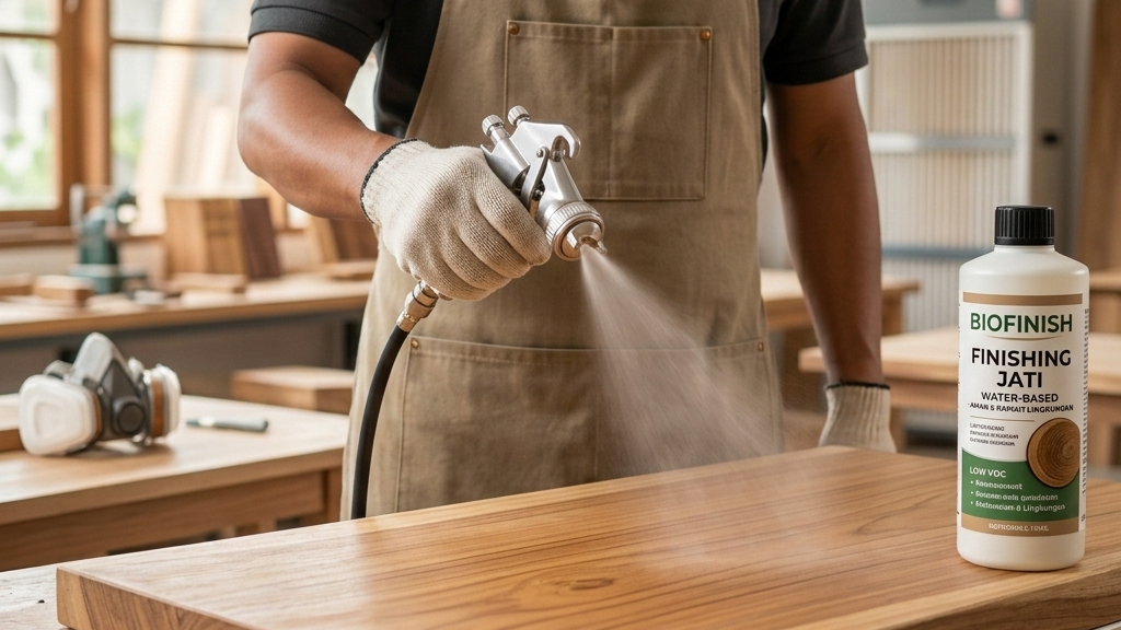 "Proses finishing furniture kayu menggunakan bahan water-based yang aman bagi lingkungan dan kesehatan pekerja."