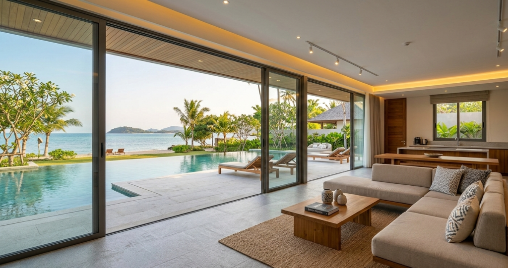 "Desain interior villa tropis modern dengan bukaan besar dan penggunaan furnitur kayu jati minimalis."
