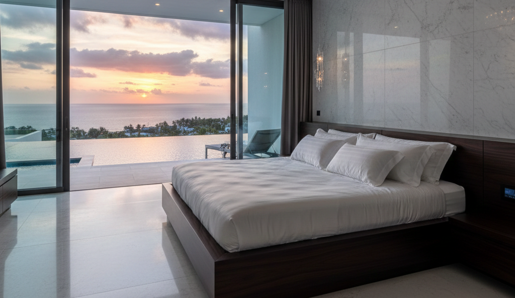 "Penerapan furniture custom pada kamar tidur villa untuk menciptakan kesan mewah dan memaksimalkan luas ruangan."