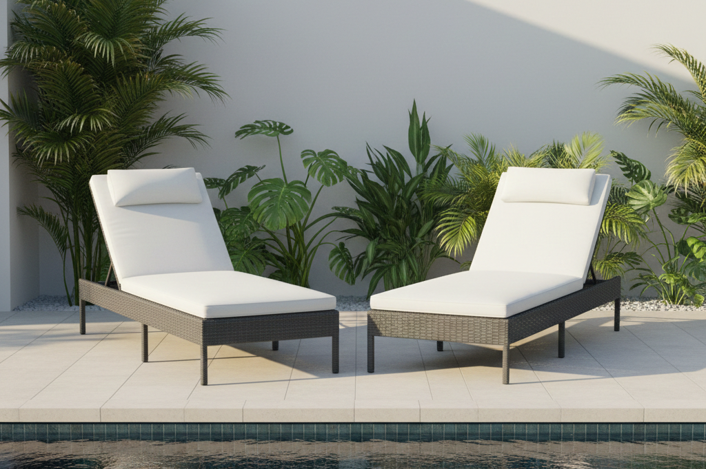 "Penggunaan furniture rotan sintetis berupa sun lounger minimalis untuk area tepi kolam renang hotel mewah."