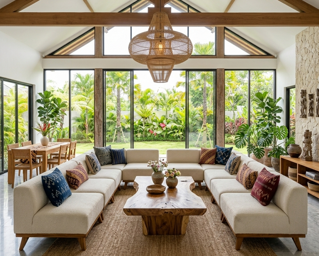 Ruang tamu elegan dengan sentuhan furniture mid century modern yang mengutamakan fungsi dan estetika minimalis.