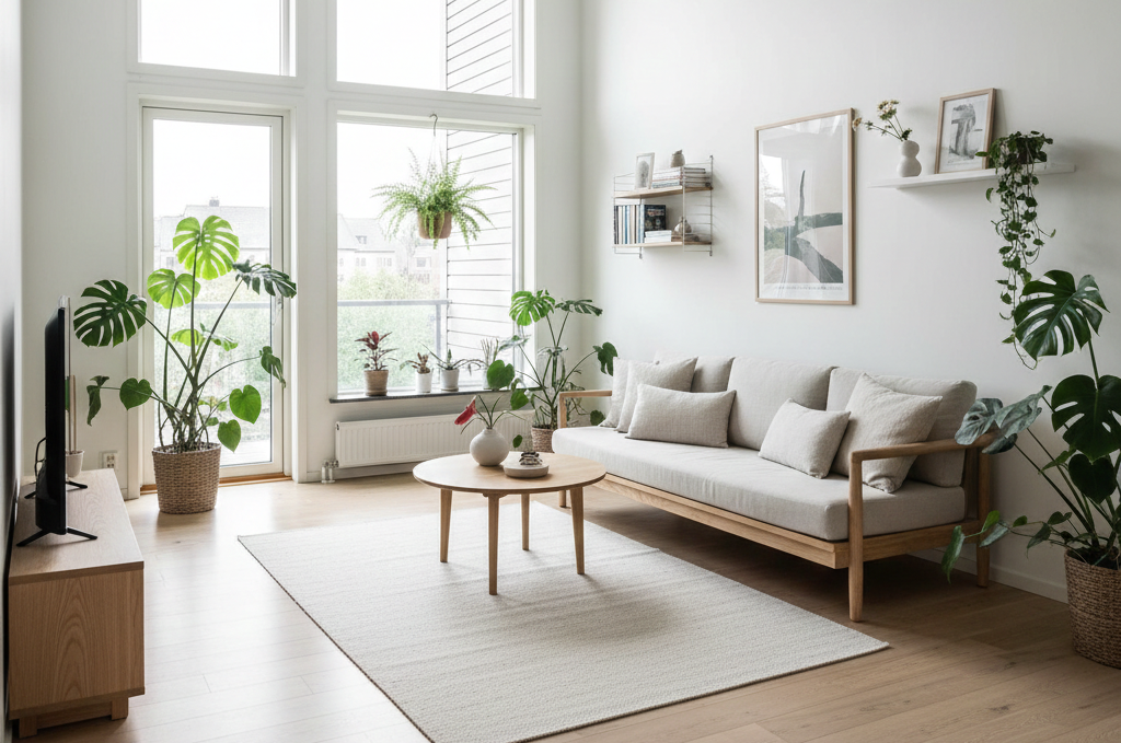 "Inspirasi interior rumah dengan furniture gaya japandi yang menonjolkan elemen kayu alami dan warna netral."