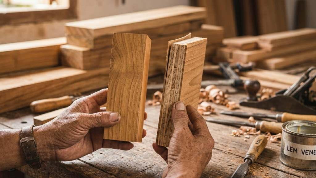 Perbedaan kayu solid dan wood veneer dilihat dari potongan penampang samping material.