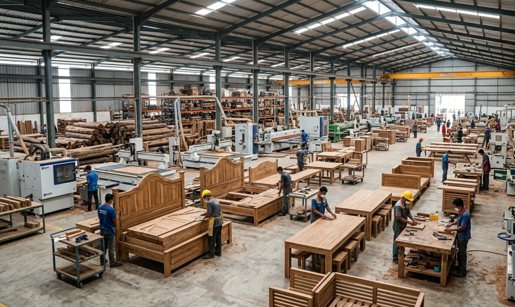 Kapasitas produksi besar supplier furniture custom untuk proyek hotel dan resort.