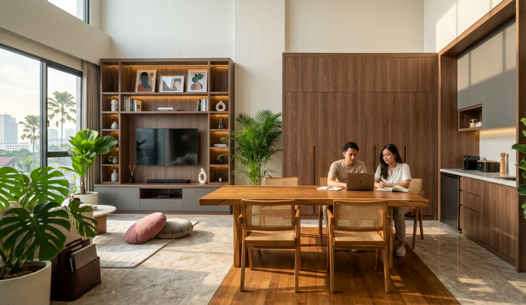 Pasangan sedang merencanakan pengadaan furniture custom untuk apartemen dengan latar belakang backdrop TV kayu jati minimalis.