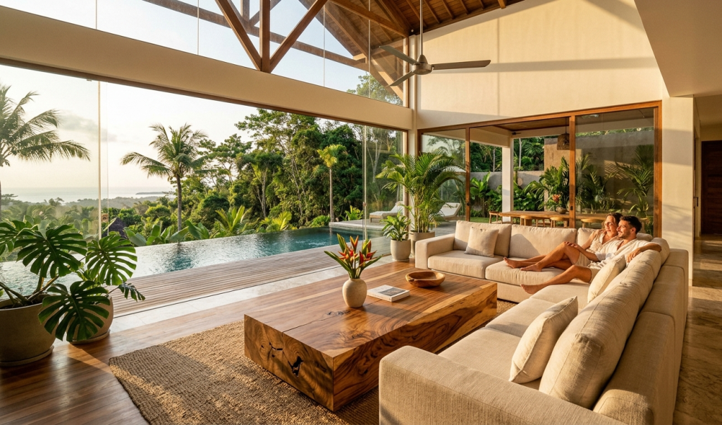 Interior ruang tamu villa mewah dengan sofa kustom dan meja kayu jati daur ulang yang elegan.