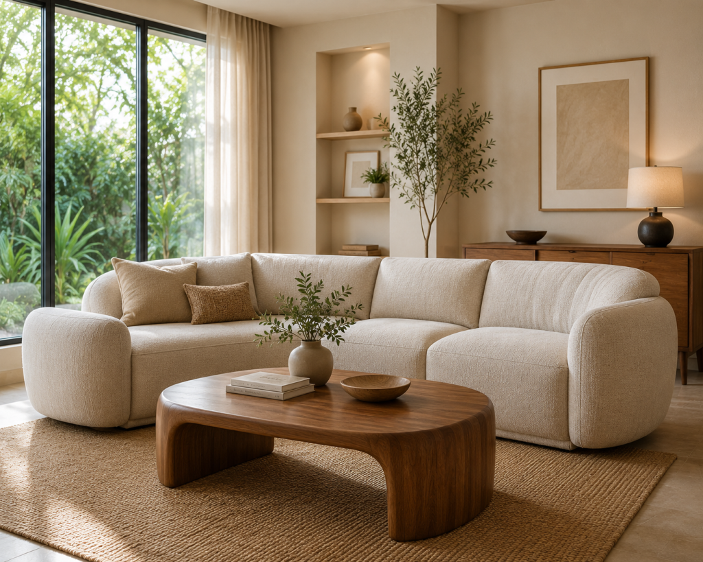 Inspirasi desain furniture japandi di ruang keluarga untuk keluarga muda.
