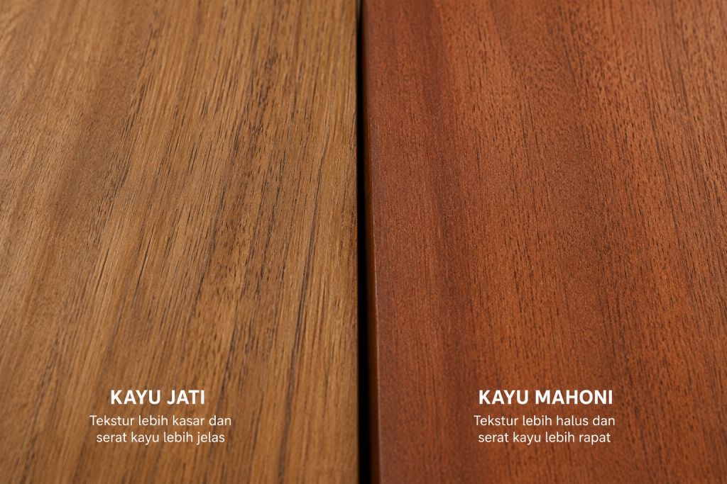 Mahogany and teak comparison in terms of grain pattern and original wood color.