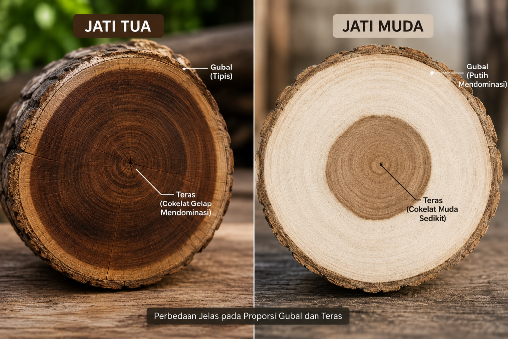 Perbandingan potongan melintang kayu jati asli tua dan jati muda kampung.