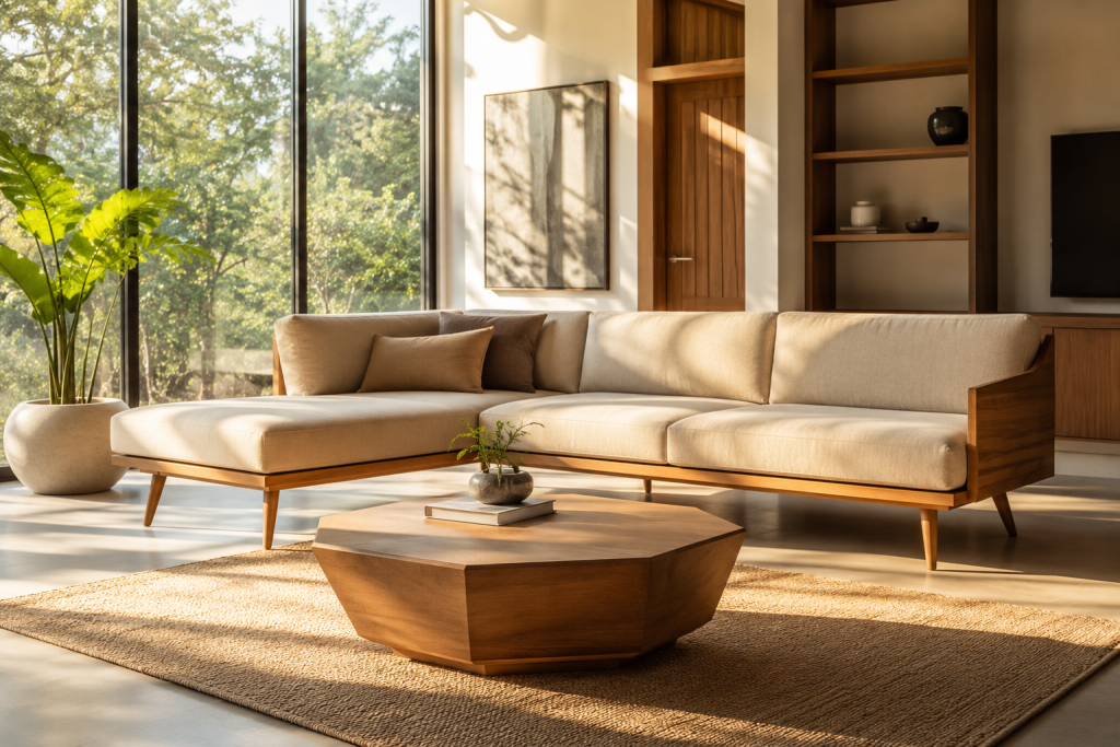Inspirasi ruang tamu lapang menggunakan furniture mid century modern berbahan kayu solid.
