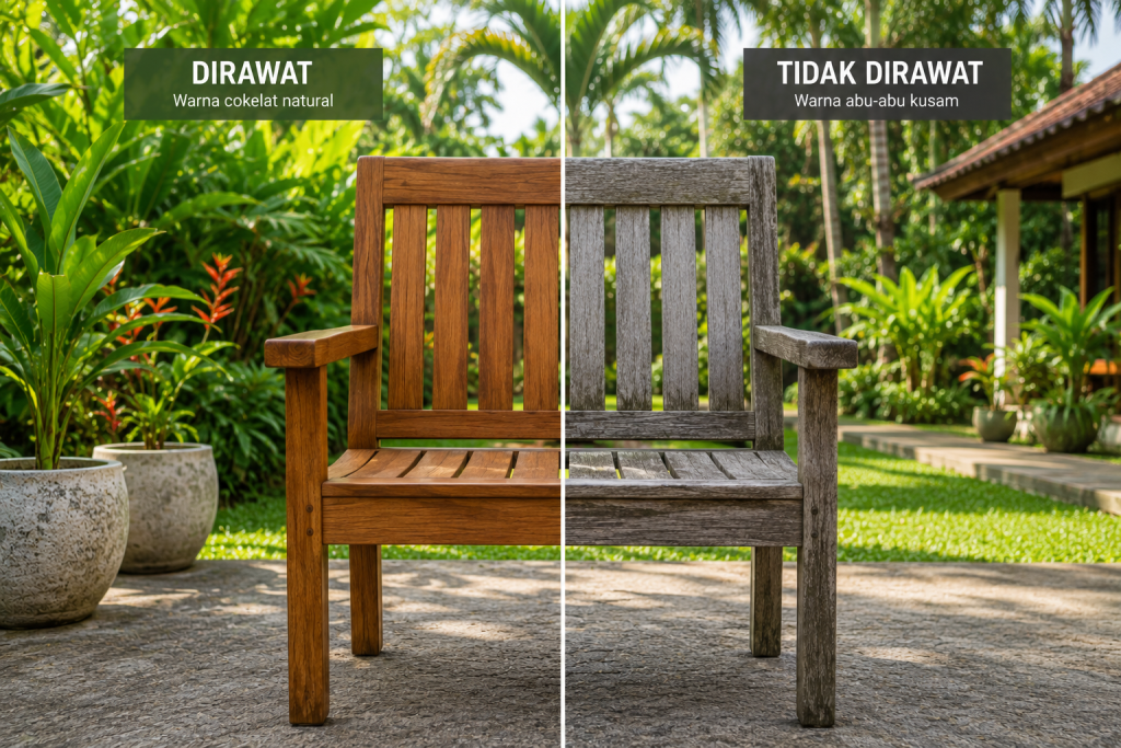 Perbandingan visual hasil perawatan furniture outdoor berbahan kayu solid yang mencegah warna kusam.