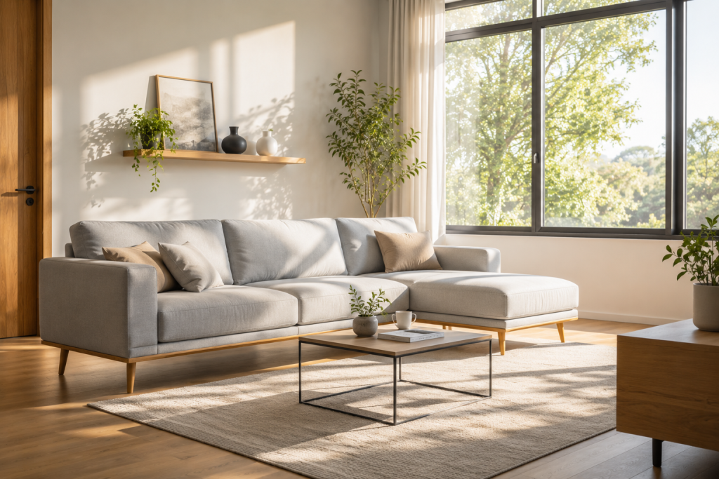 The illusion of a spacious and bright living room using a sleek-legged Scandinavian style sofa.